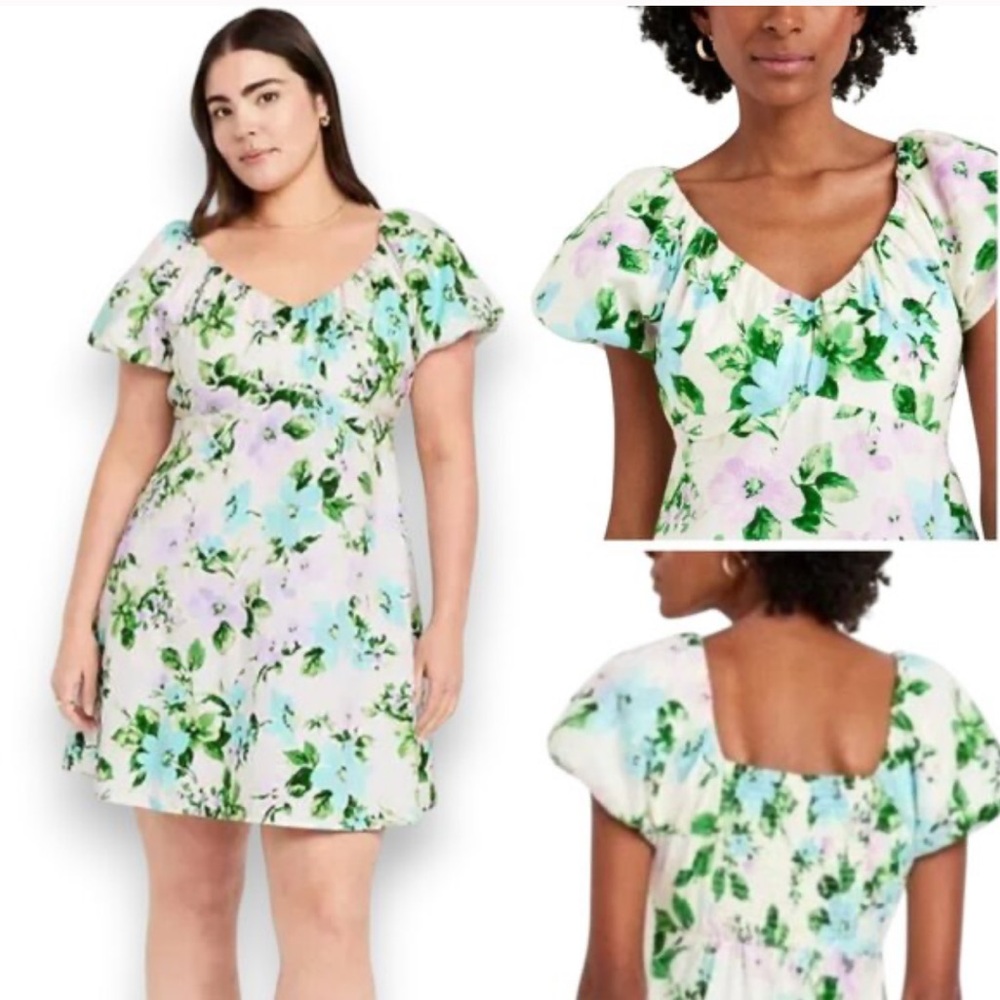 Old Navy 100% Cotton Puff Sleeve Smocked Back Babydoll Mini Dress Large Floral